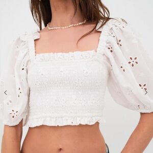 FOR LOVE AND LEMONS Addison Blouse White Eyelet Smocked Puff Sleeve Small